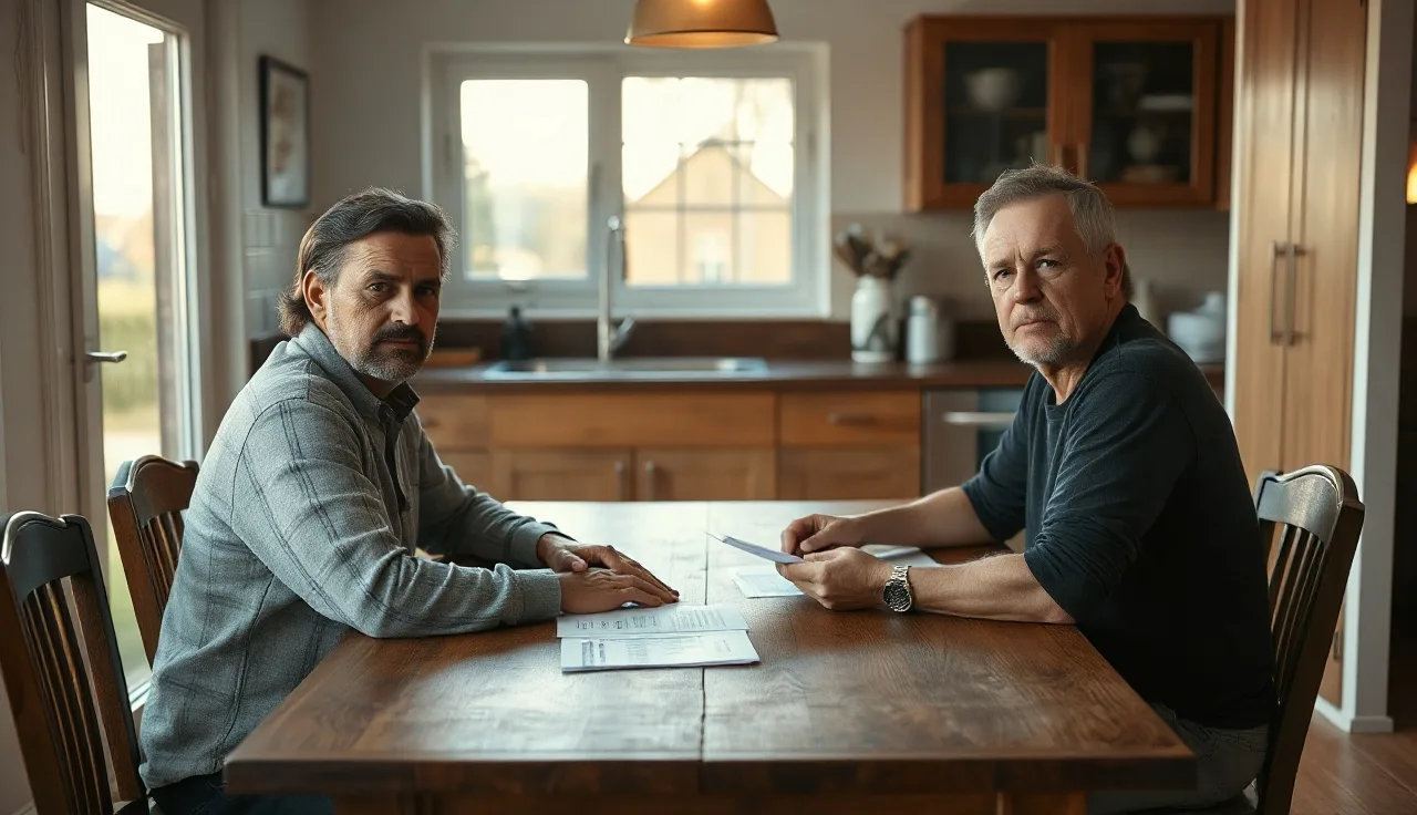 Two spouses sitting at a kitchen table reviewing separation agreement paperwork