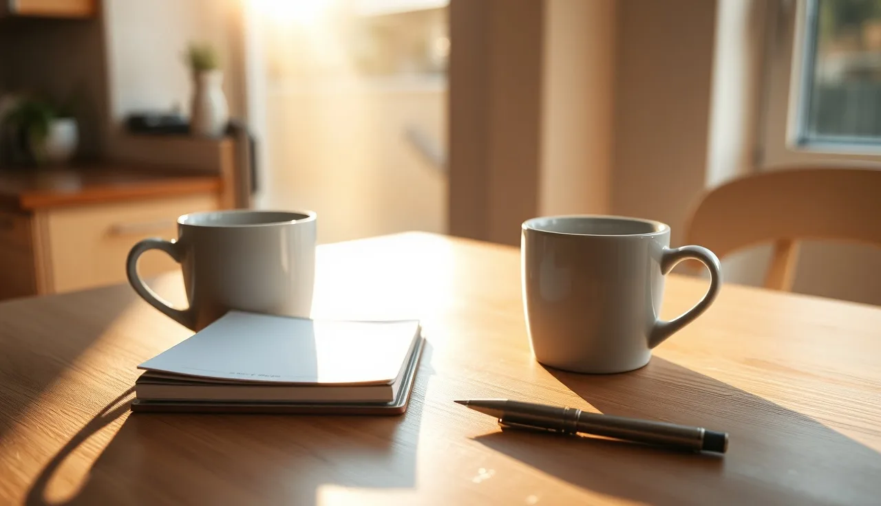 Two coffee mugs on a wooden table near a window, suggesting a calm conversation about an uncontested divorce