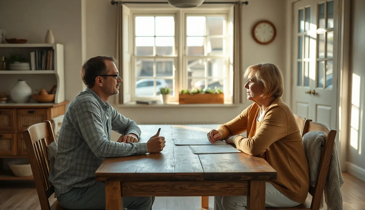 Two spouses reviewing alimony agreement papers at a kitchen table