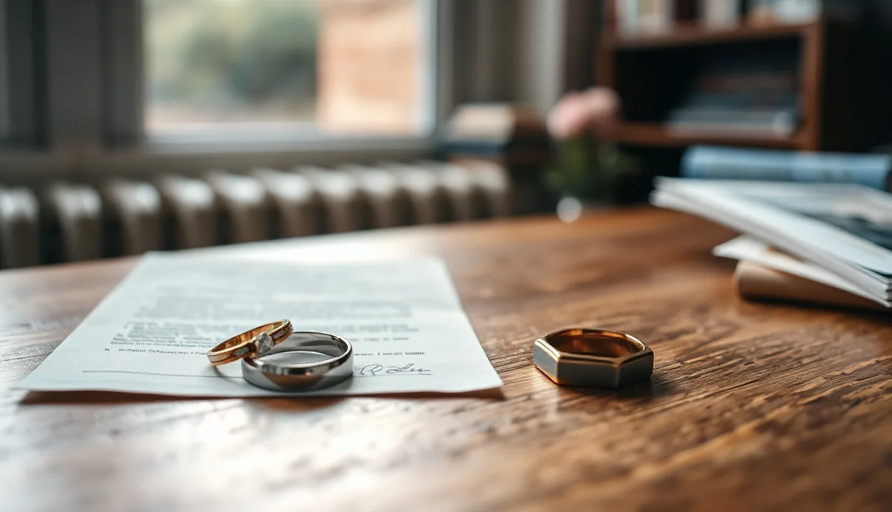 Two wedding rings on a wooden table beside an unsigned separation agreement document