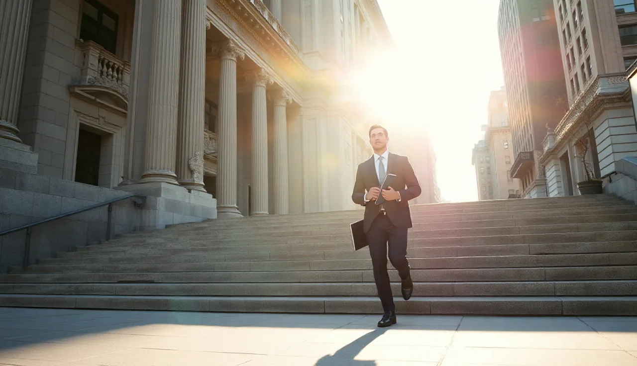 Person carrying paperwork up steps of a New York City courthouse for divorce filing