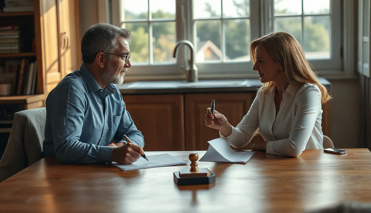 Two spouses signing a notarized separation agreement at a kitchen table