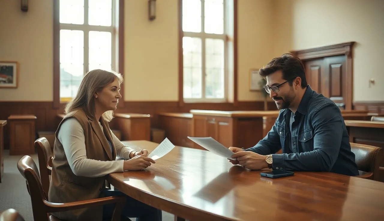 Two people reviewing divorce paperwork at a courthouse table in afternoon light