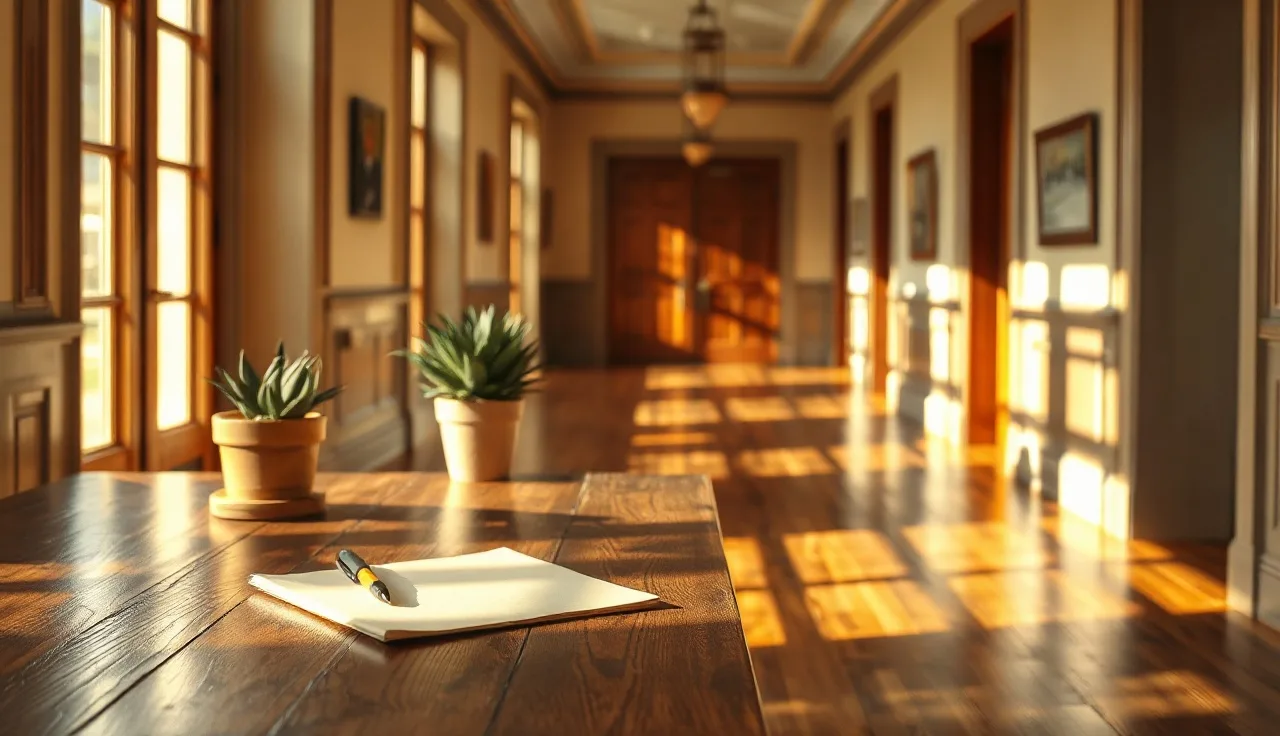 Sunny courthouse hallway desk with folder and pen, Oklahoma divorce papers setting