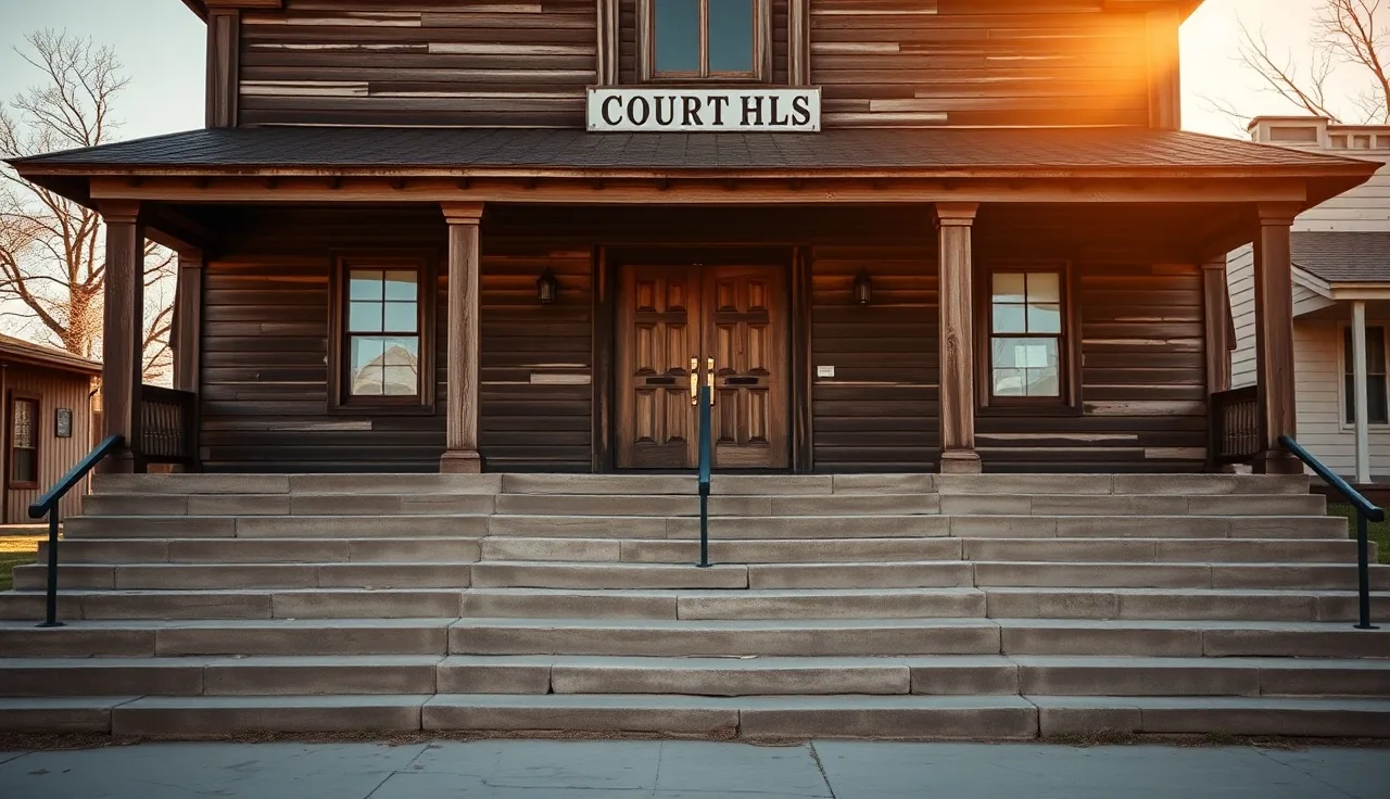 Oklahoma county courthouse exterior at golden hour, stone steps and tall doors