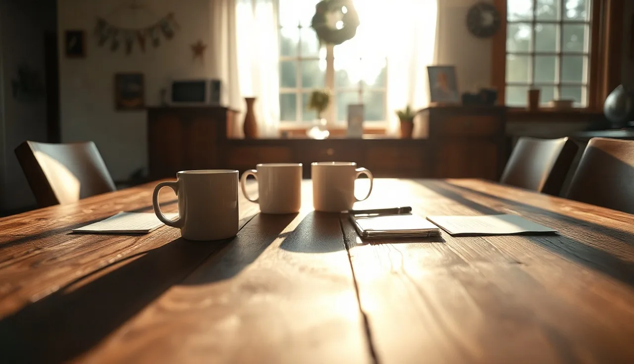 Two coffee mugs and handwritten notes on a wooden table in an Oregon home