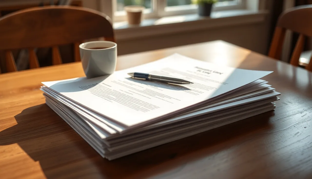 Unsigned divorce paperwork on a kitchen table with a pen, ready to file