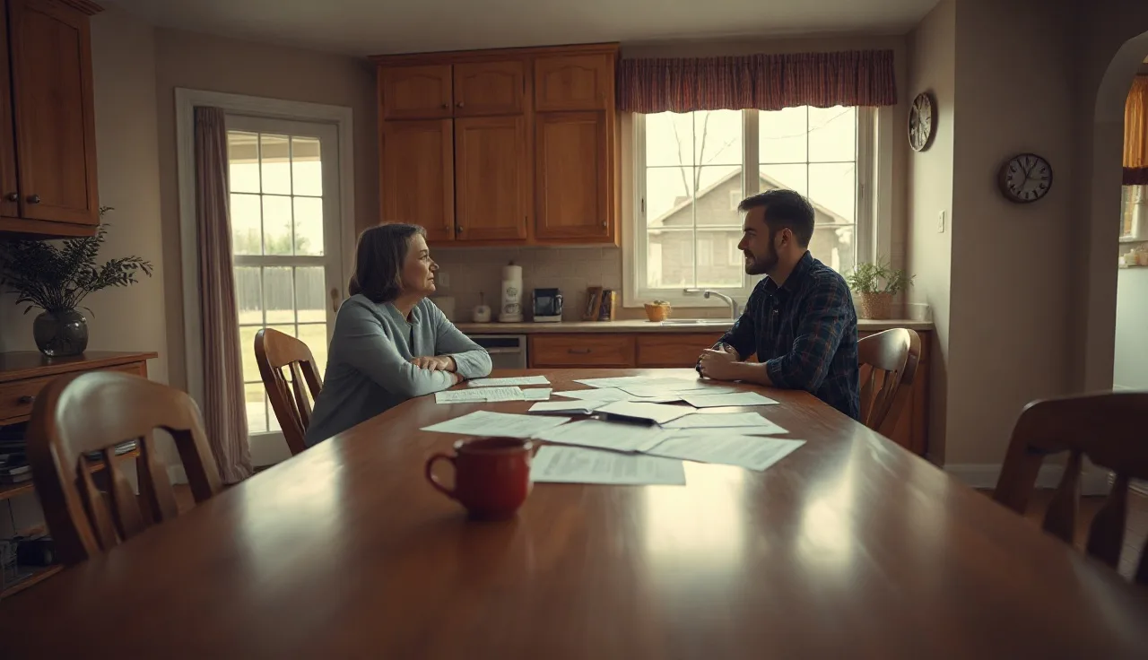 Two people at a kitchen table with divorce paperwork, soft afternoon light