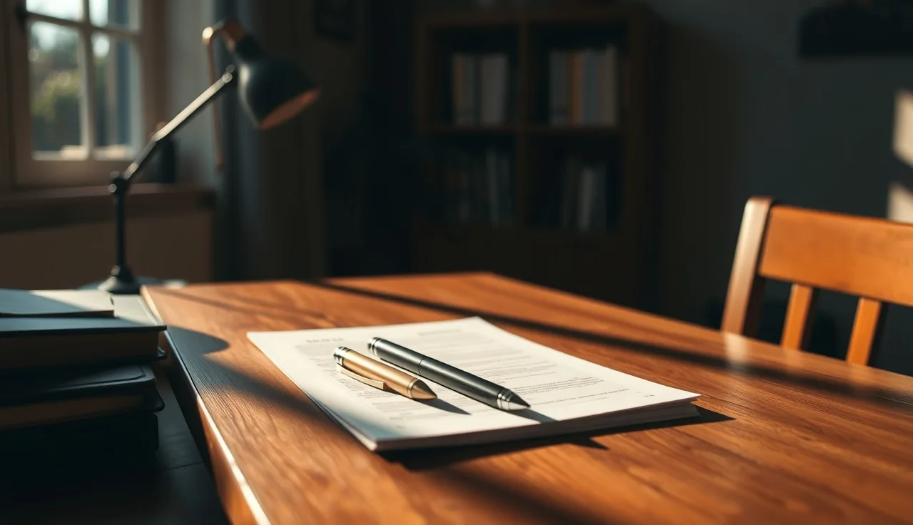Pen resting on unsigned divorce papers on a sunlit home office desk