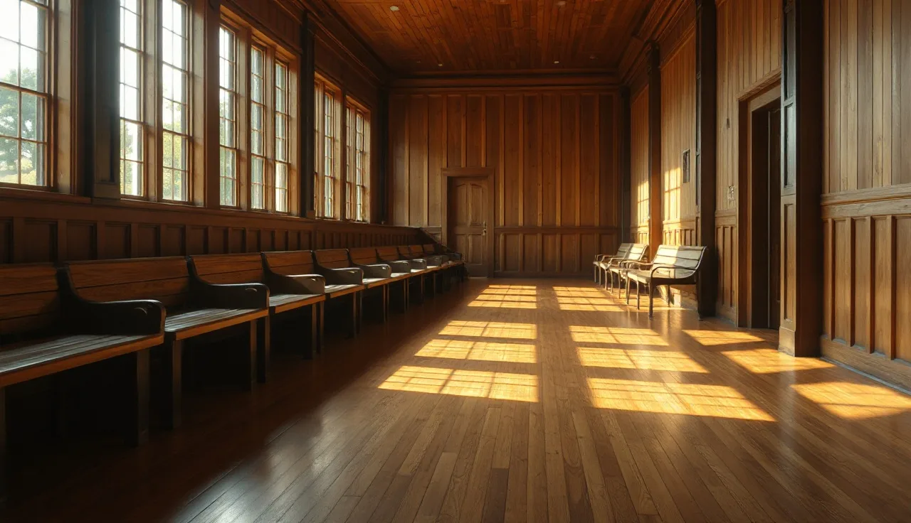 Empty Pennsylvania courthouse hallway with wooden benches and afternoon light, suggesting a divorce filing location
