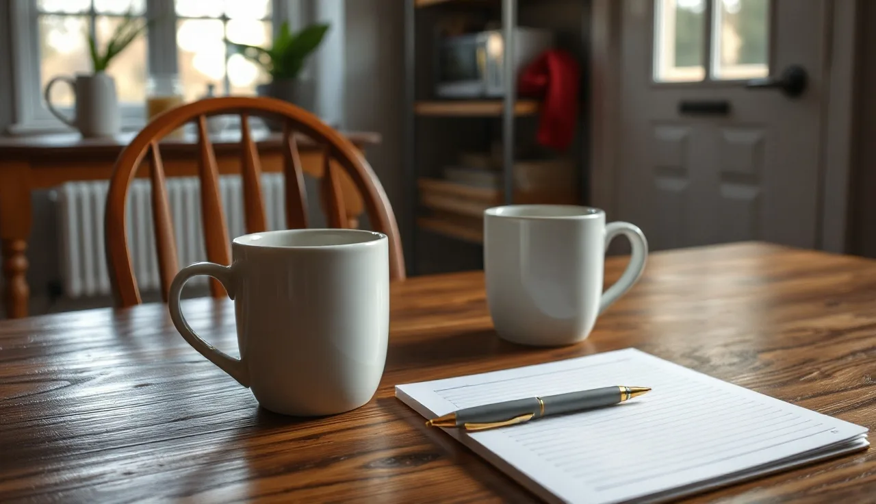 Empty kitchen table with coffee mugs and notepad during Virginia divorce process