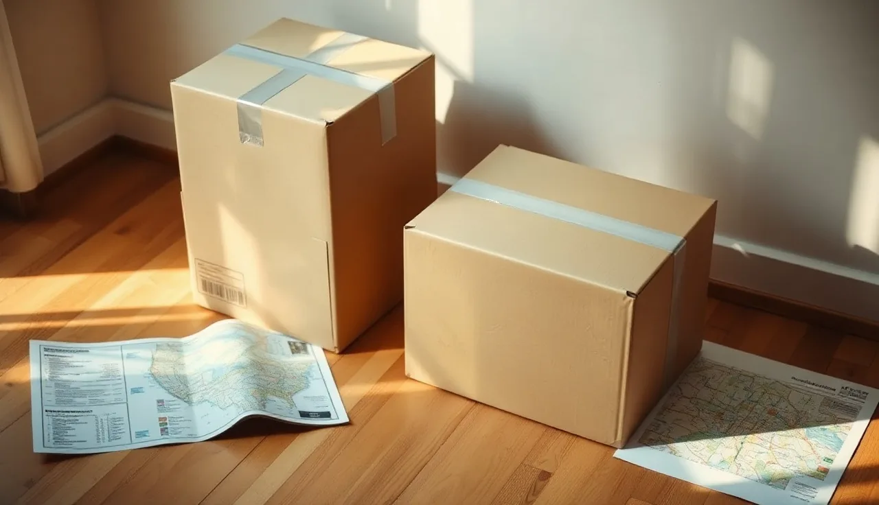 Moving boxes and a road map on a wood floor, suggesting relocation before filing divorce
