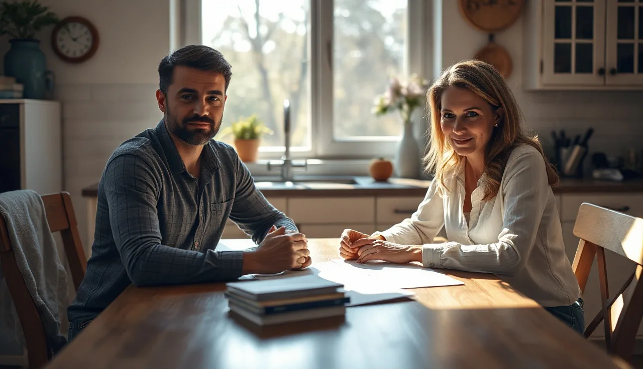 Two spouses at a kitchen table reviewing separation agreement documents in afternoon light