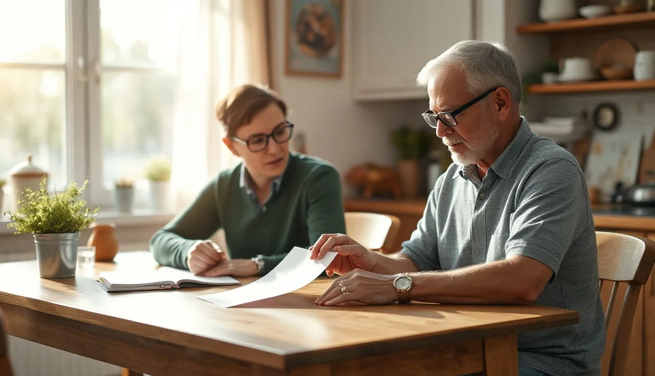 Two adults reviewing a separation agreement at a sunlit kitchen table