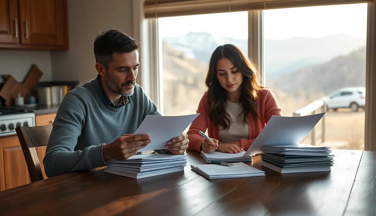 Two people reviewing separation paperwork at a kitchen table with mountain view