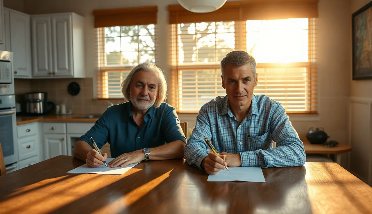 Two adults at a sunlit kitchen table reviewing separation agreement papers in Florida