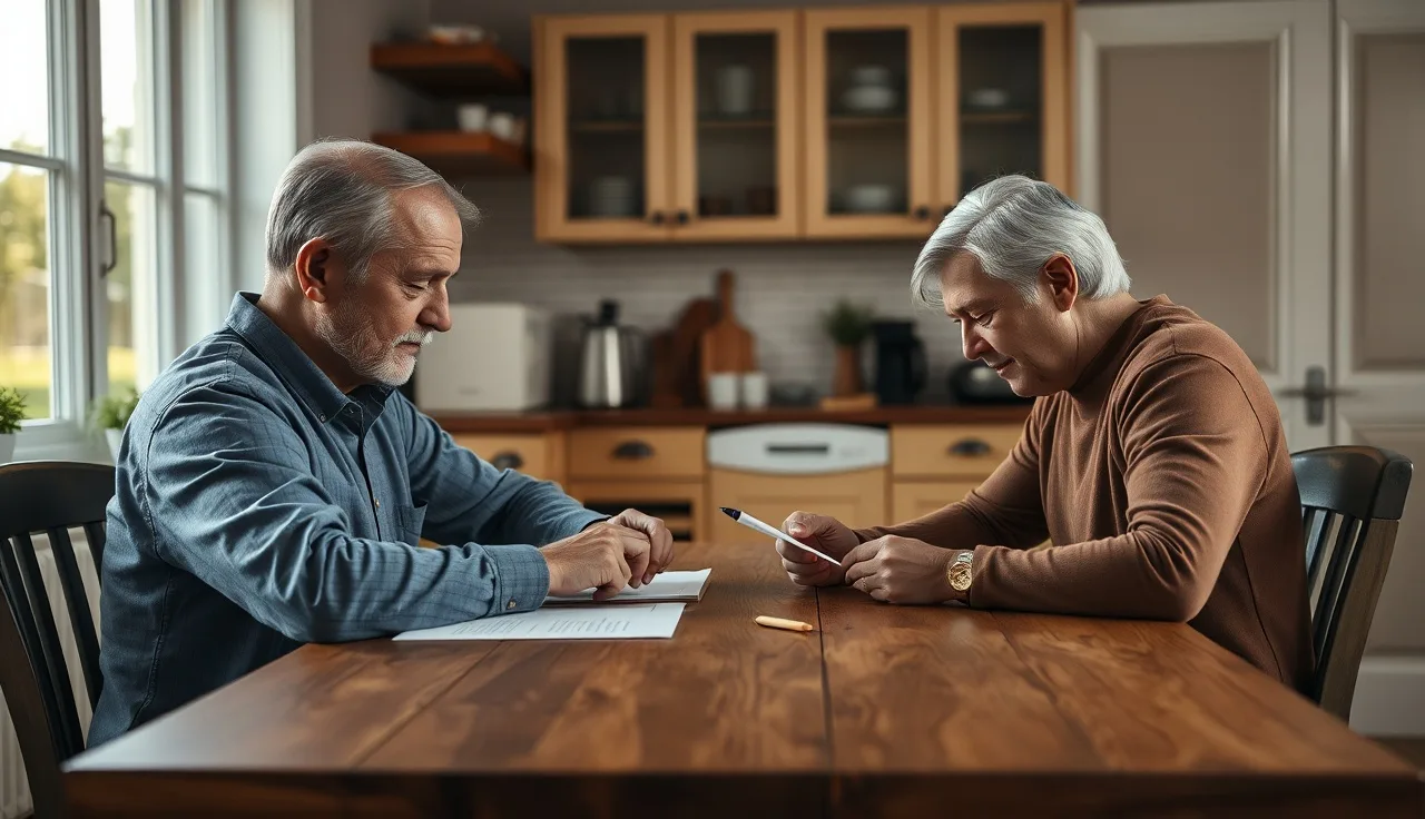 Two spouses reviewing separation agreement paperwork at a kitchen table in morning light