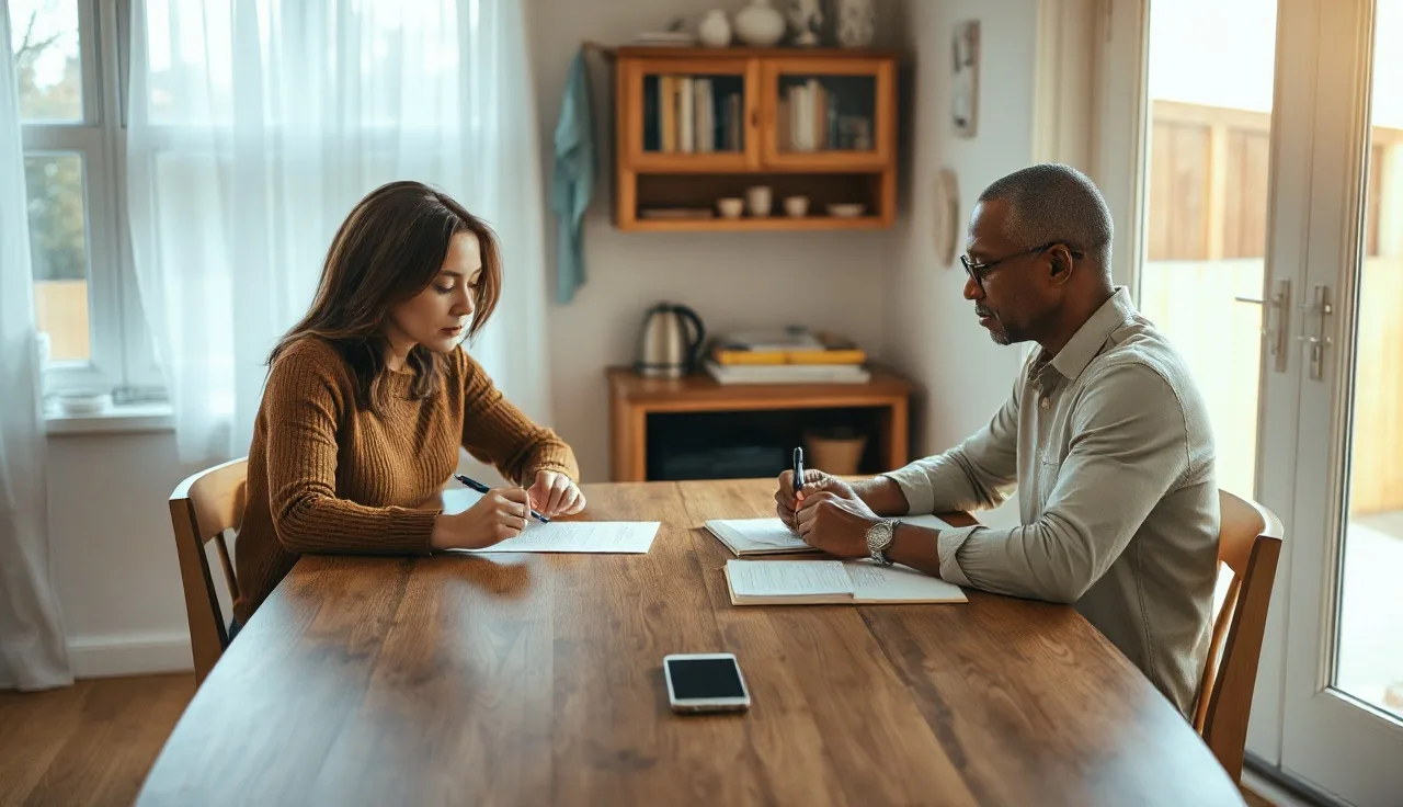 Two adults preparing to sign a separation agreement at a kitchen table