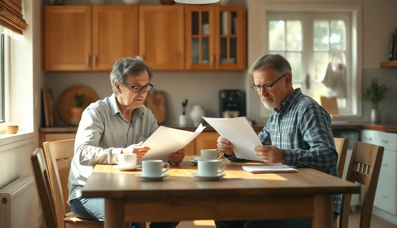 Two spouses reviewing separation agreement paperwork at a kitchen table