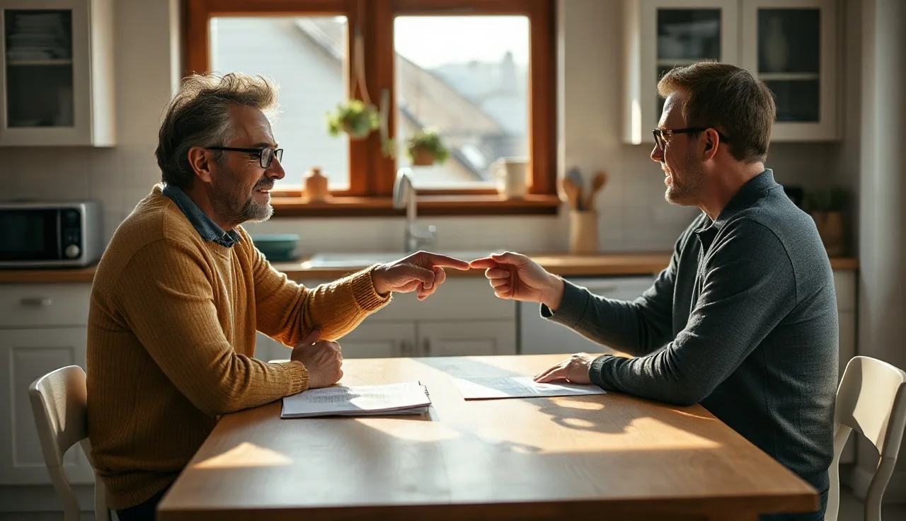 Two people reviewing a separation agreement at a kitchen table in Massachusetts