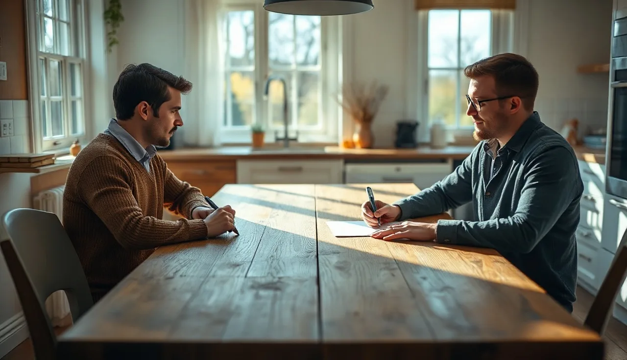Two spouses reviewing an unsigned separation agreement at a kitchen table in Missouri