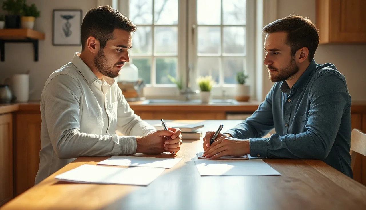 Two adults reviewing a separation agreement at a kitchen table in morning light