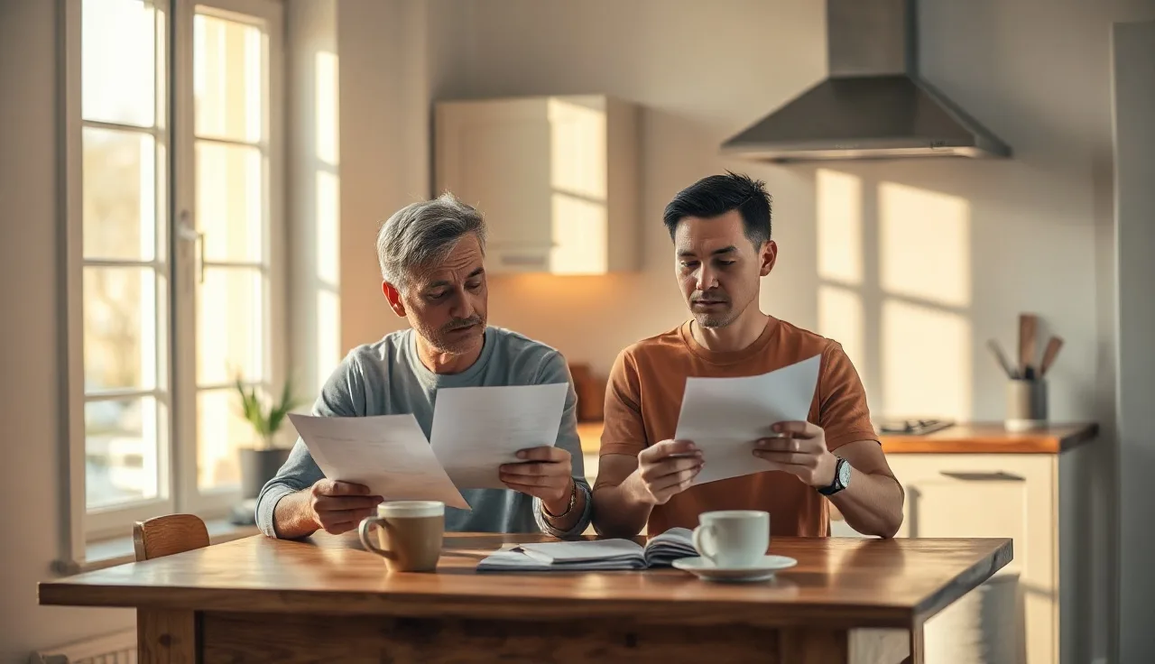 Two adults reviewing separation agreement papers at a kitchen table in Pennsylvania