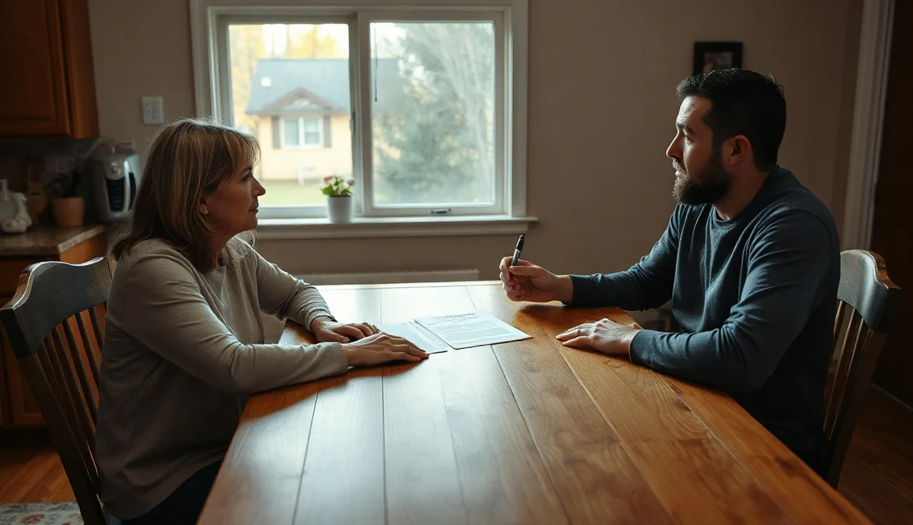 Two spouses reviewing a separation agreement at a kitchen table in South Carolina