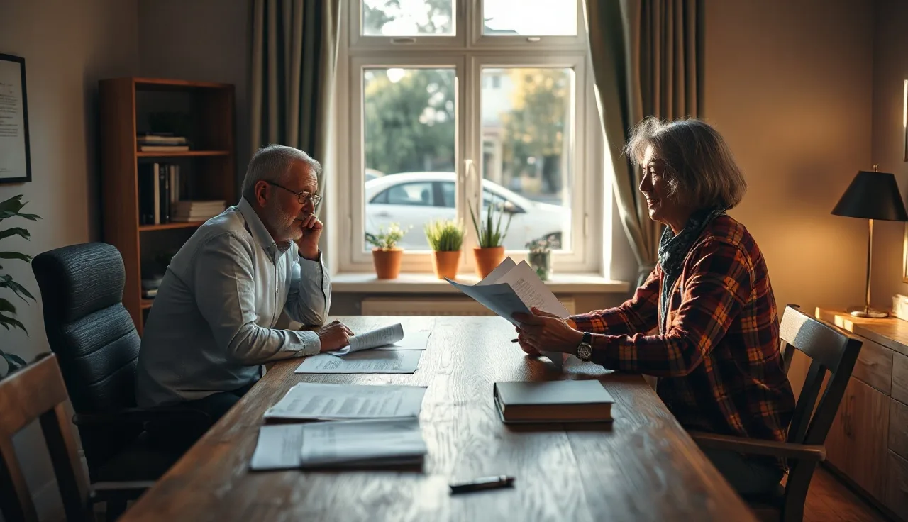 Two people reviewing a separation agreement at a wooden table by a window