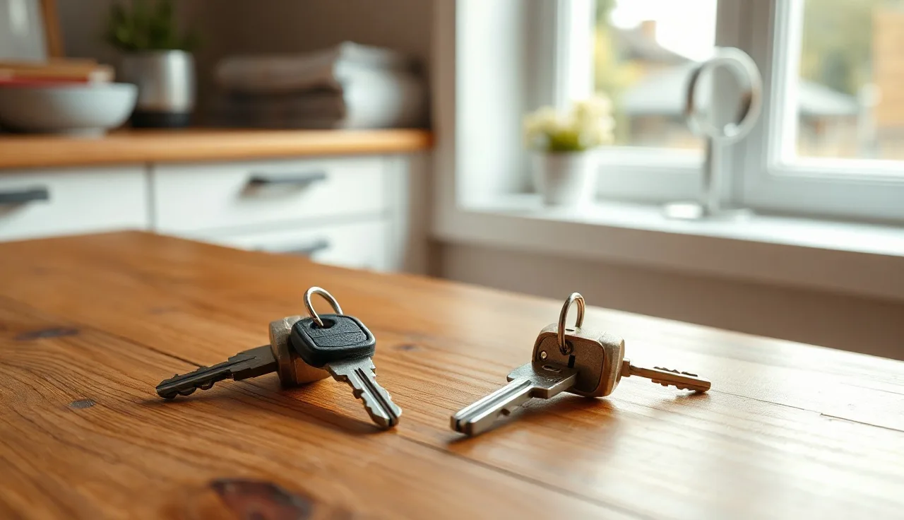 Two sets of house keys separated on a wooden table, symbolizing South Carolina legal separation