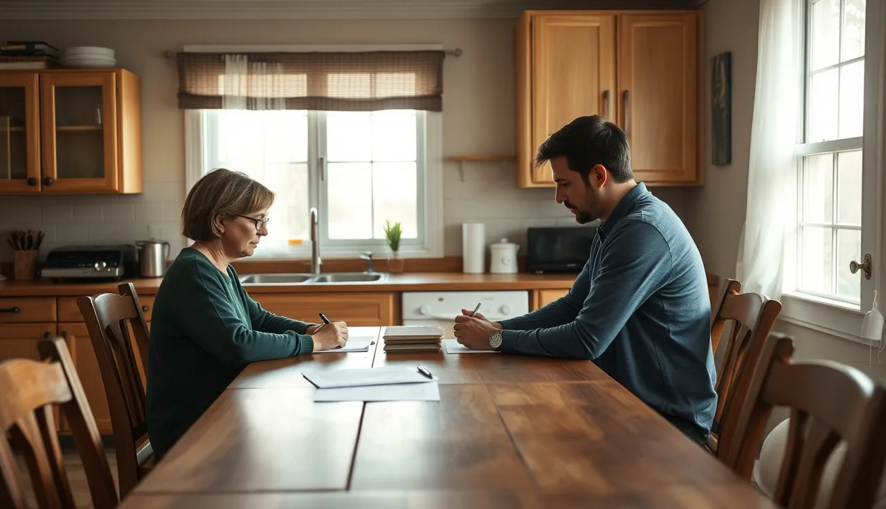 Two adults reviewing documents at a kitchen table during a Florida divorce discussion