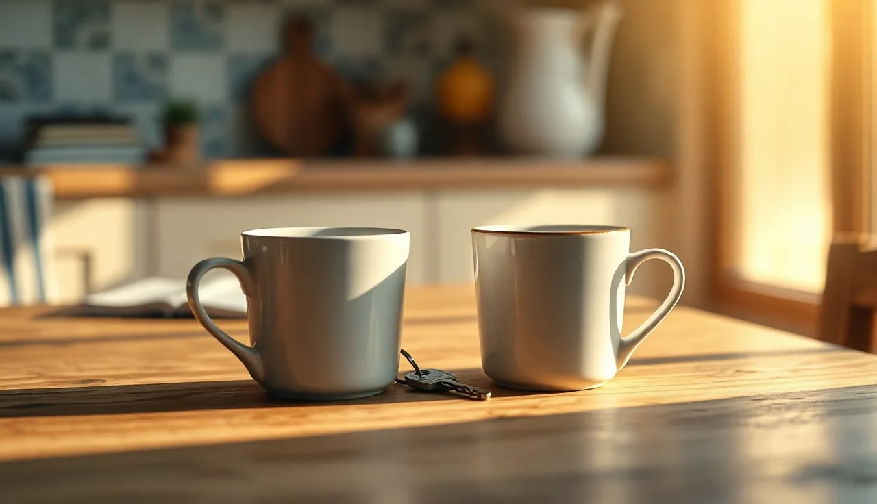 Two coffee mugs and a house key on a wooden table, symbolizing Florida divorce process