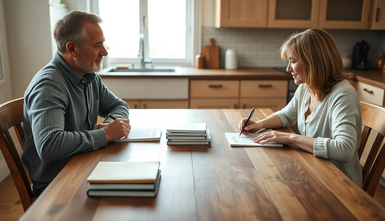 Two people signing divorce paperwork at a kitchen table in morning light