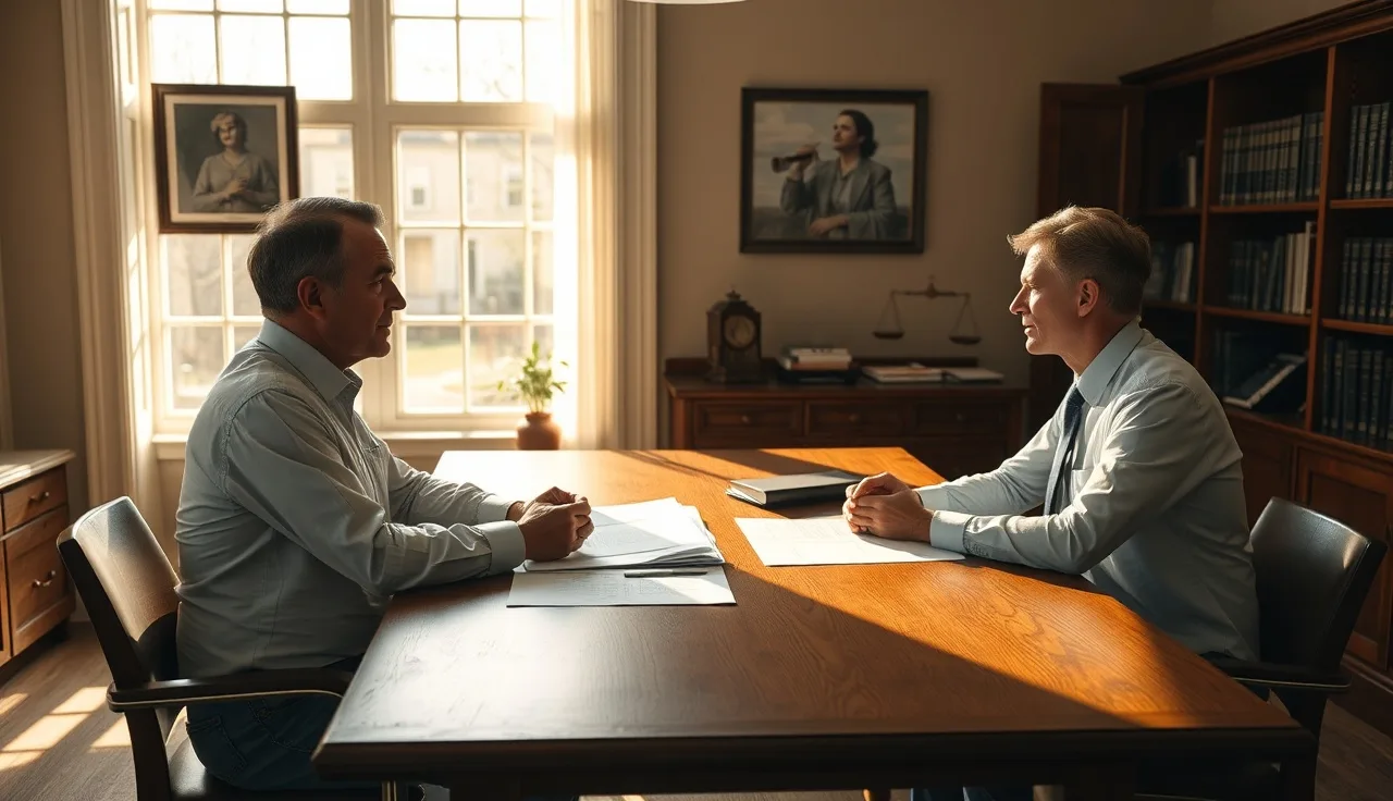 Two people reviewing documents at a table during a Texas divorce discussion