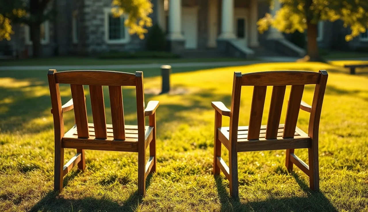 Two empty chairs on a courthouse lawn symbolizing Tennessee divorce proceedings