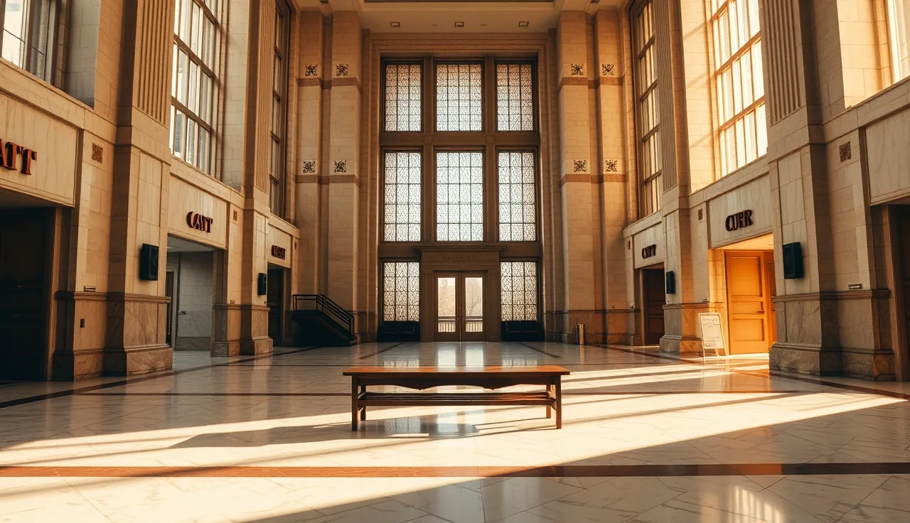 Empty Chicago courthouse lobby with marble floors and morning sunlight for uncontested divorce filing