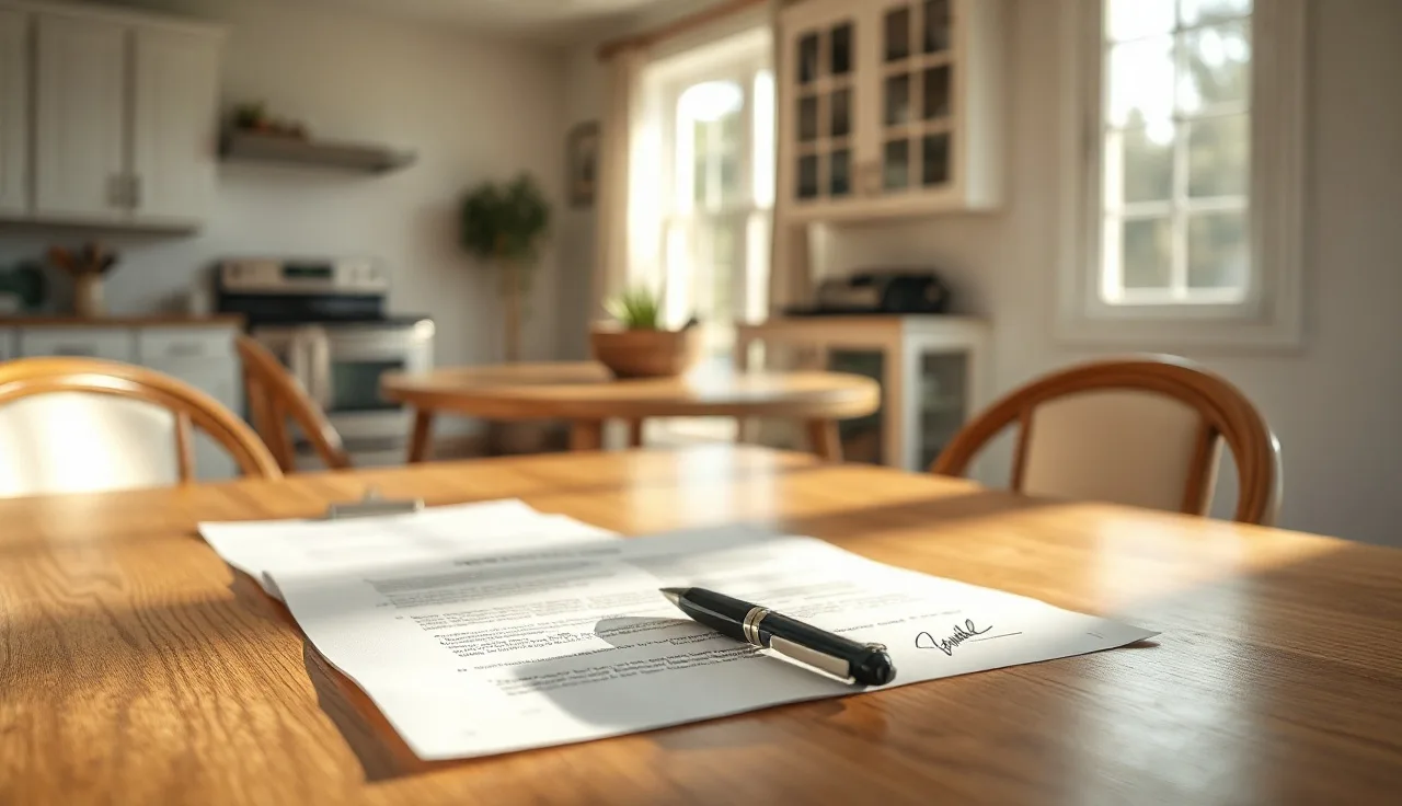 Signed divorce documents on a wooden table in a Florida home, morning light