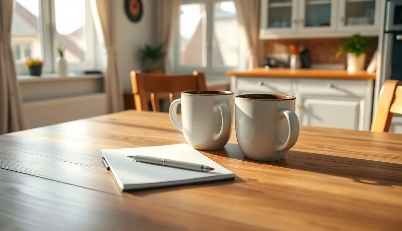 Two coffee mugs on a kitchen table with a pen beside a notepad, representing a calm discussion about uncontested divorce paperwork