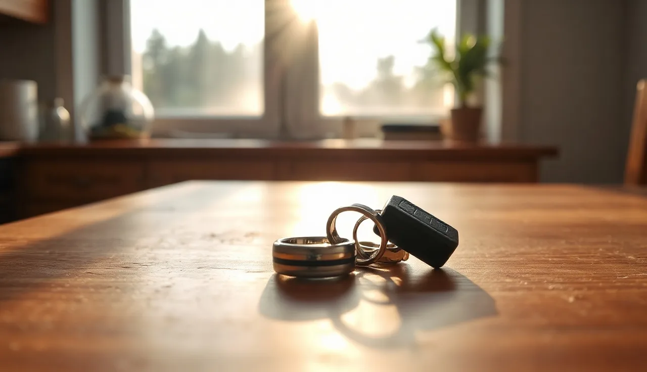 Wedding ring and house keys on a wooden table, symbolizing Massachusetts divorce settlement