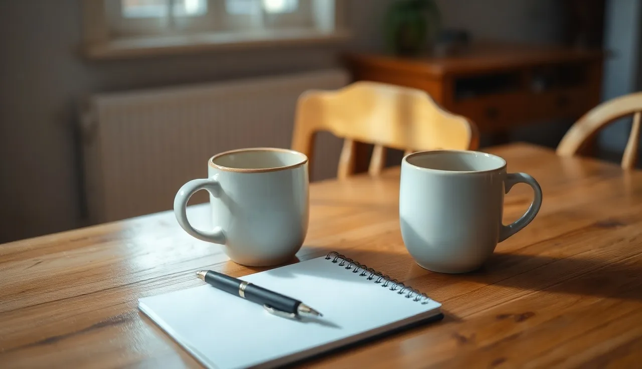 Two coffee mugs and a pen on a kitchen table, suggesting a quiet uncontested divorce discussion