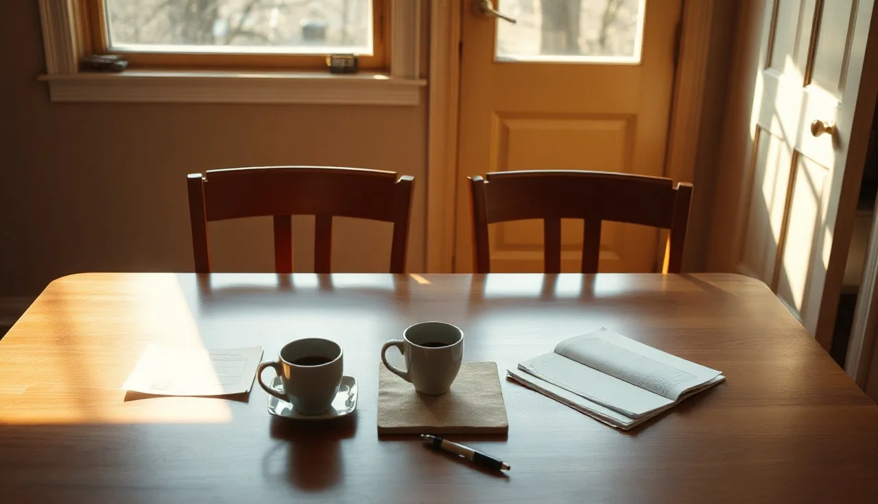 Empty chairs at a sunlit table where Oregon divorce papers await signatures