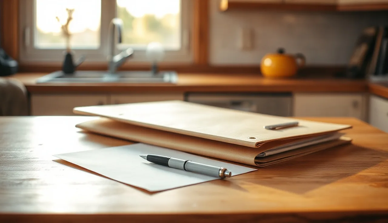 Two blank folders and a pen on a wooden table in morning light