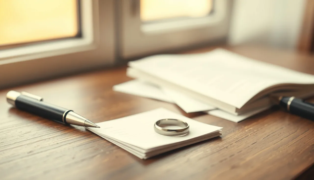 Two gold wedding rings on a wooden table beside a pen, Virginia divorce paperwork nearby