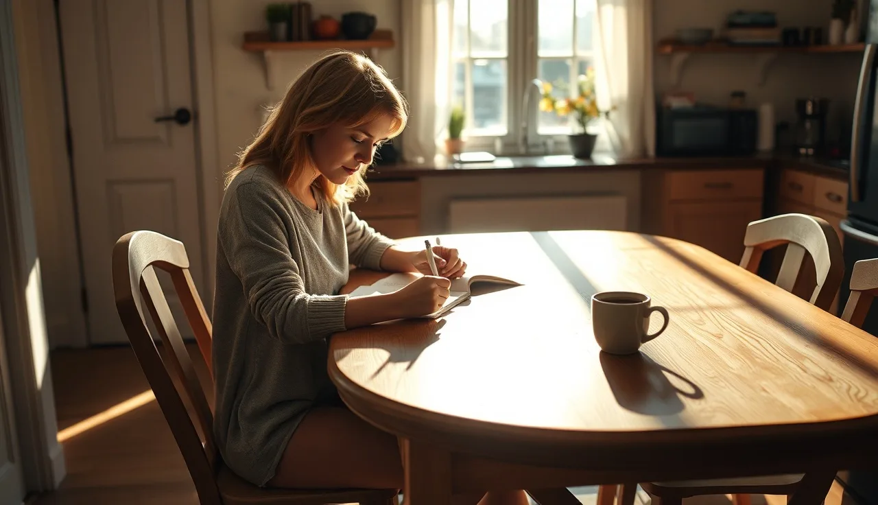 Woman reviewing notes at a sunlit kitchen table during uncontested divorce process