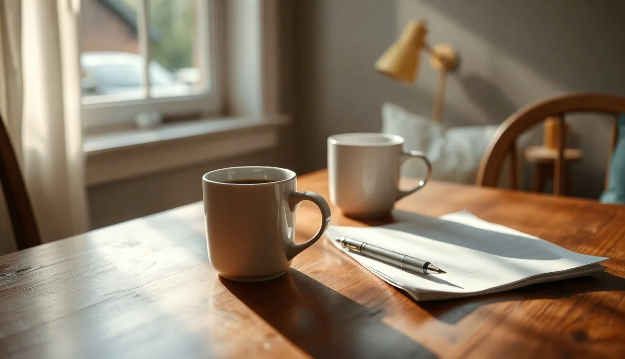 Two coffee cups and a pen on a table as couple prepares Nebraska divorce paperwork