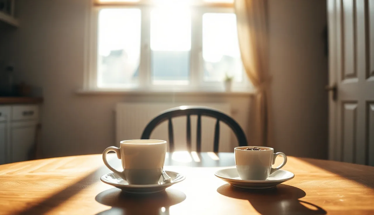 Two coffee cups on a sunlit kitchen table suggesting an uncontested divorce discussion