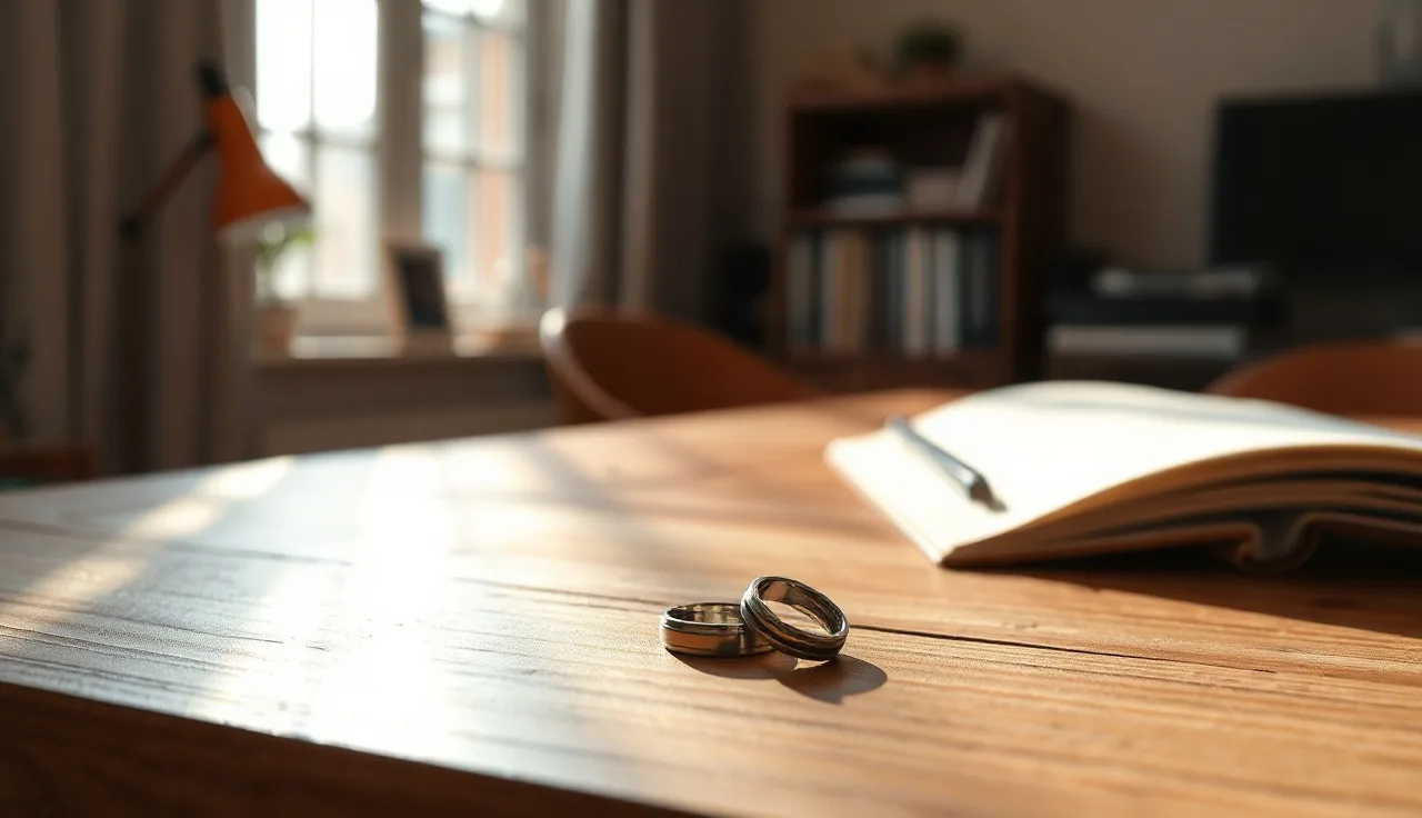 Two wedding rings on a wooden table during an uncontested divorce process