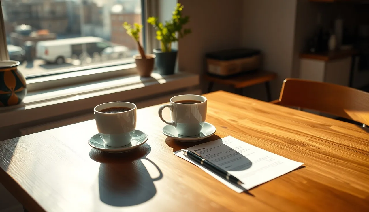 Two coffee cups on a sunlit table with papers and a pen, representing uncontested divorce preparation in NYC