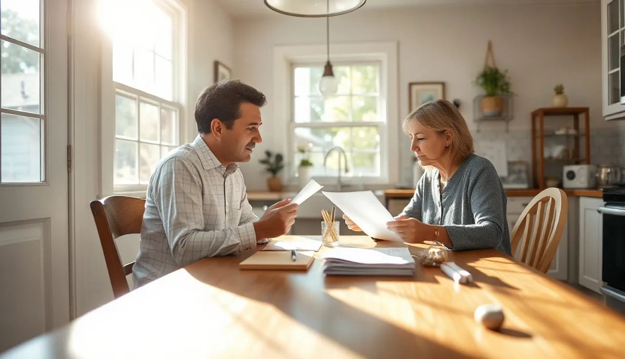 Two adults calmly reviewing divorce documents together at a kitchen table
