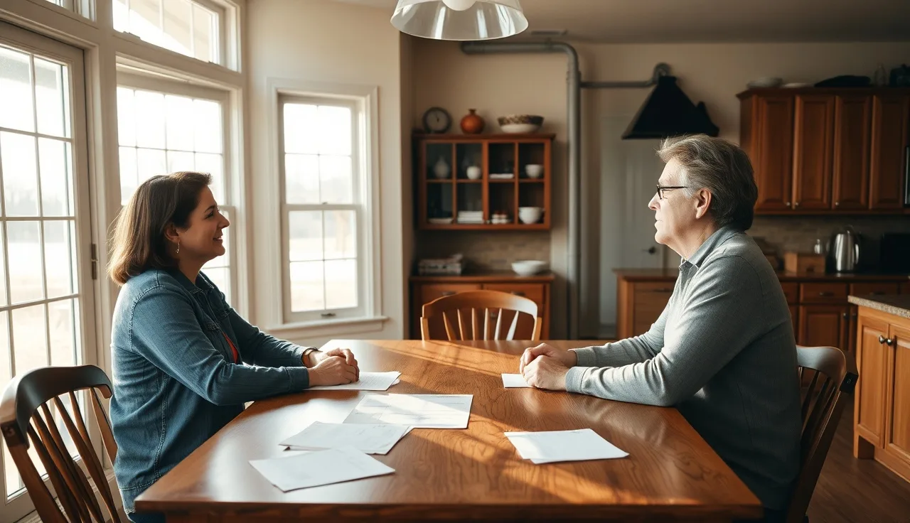 Two spouses reviewing uncontested divorce paperwork at a kitchen table in Oklahoma